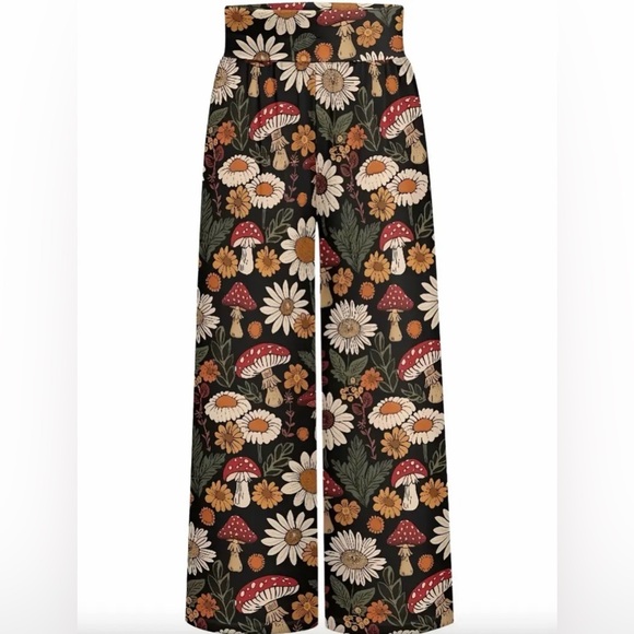 NWT Mushroom Print Wide Leg Pants Cottagecore Boho Festival Nature Size M - Picture 5 of 5